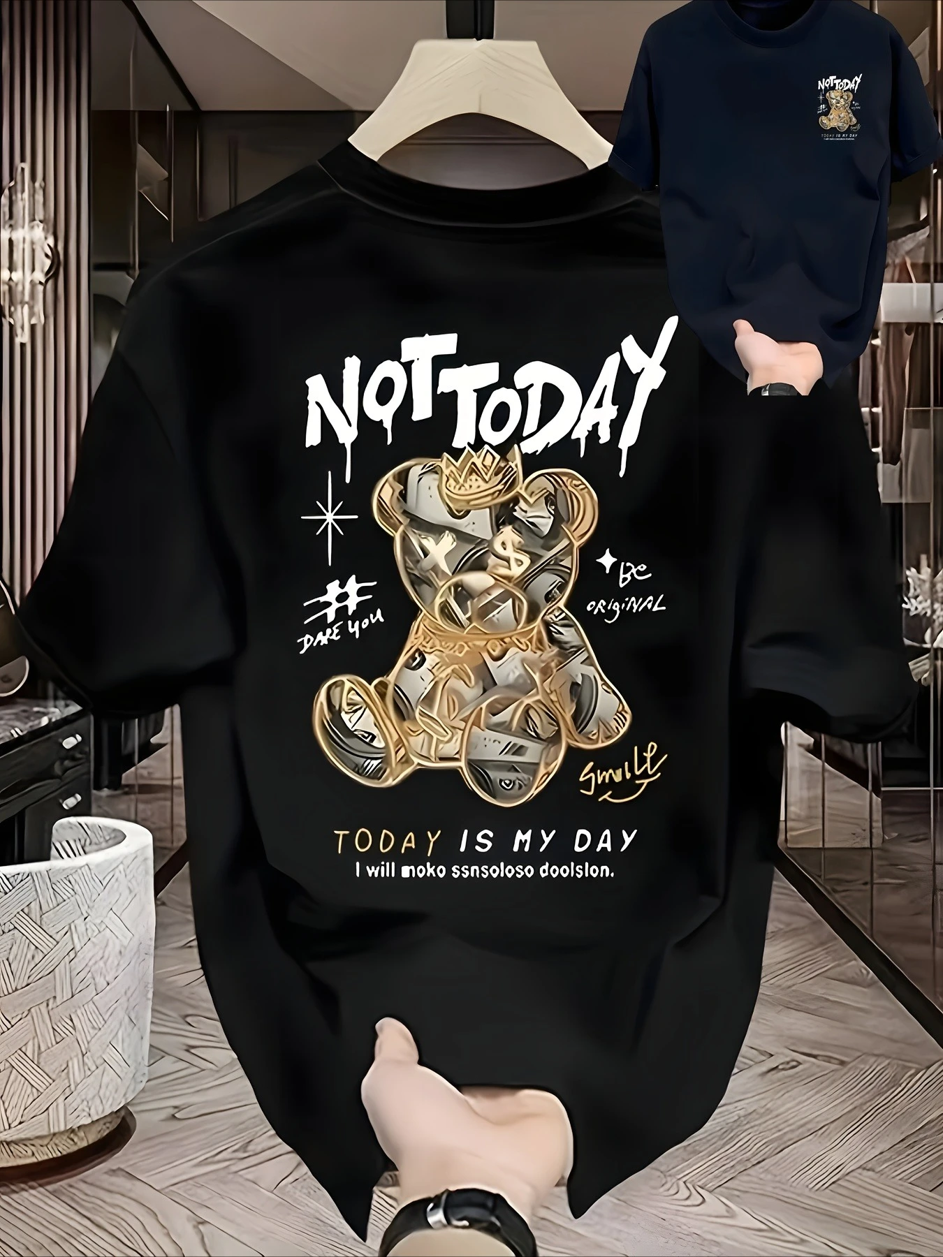 

Trendy Teddy Bear Graphic Printing Summer, Autumn and Winter Luxury Brand Pure Cotton Men's and Women's T-shirt Short-sleeved