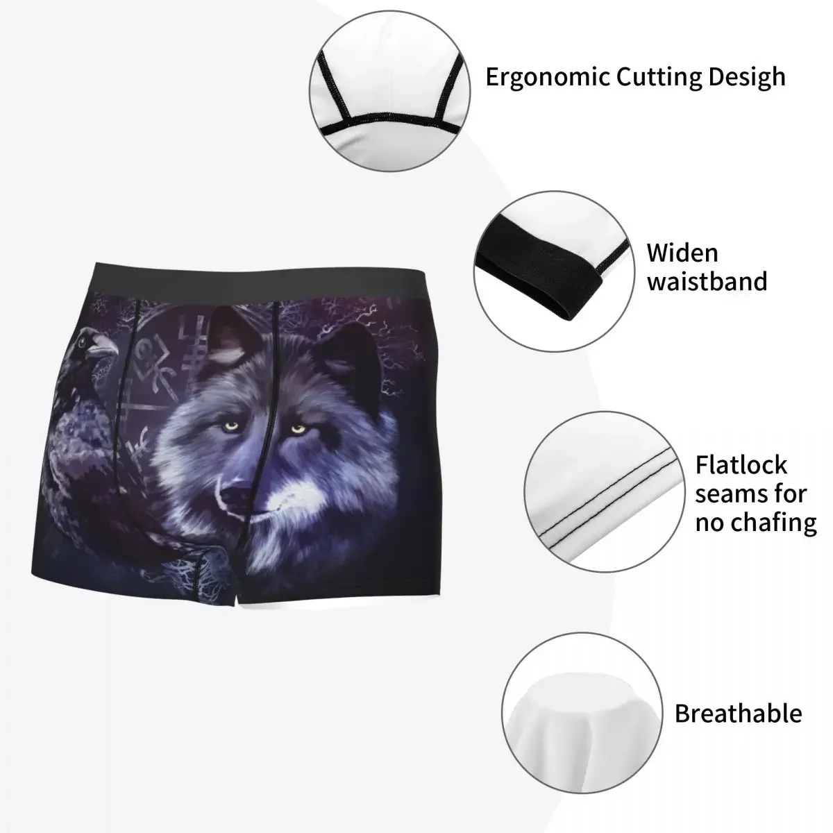 Cuecas boxer estampadas para homens, roupas íntimas, shorts, calcinhas, cuecas respiráveis, corvo e lobo, árvore da vida, calcinhas masculinas