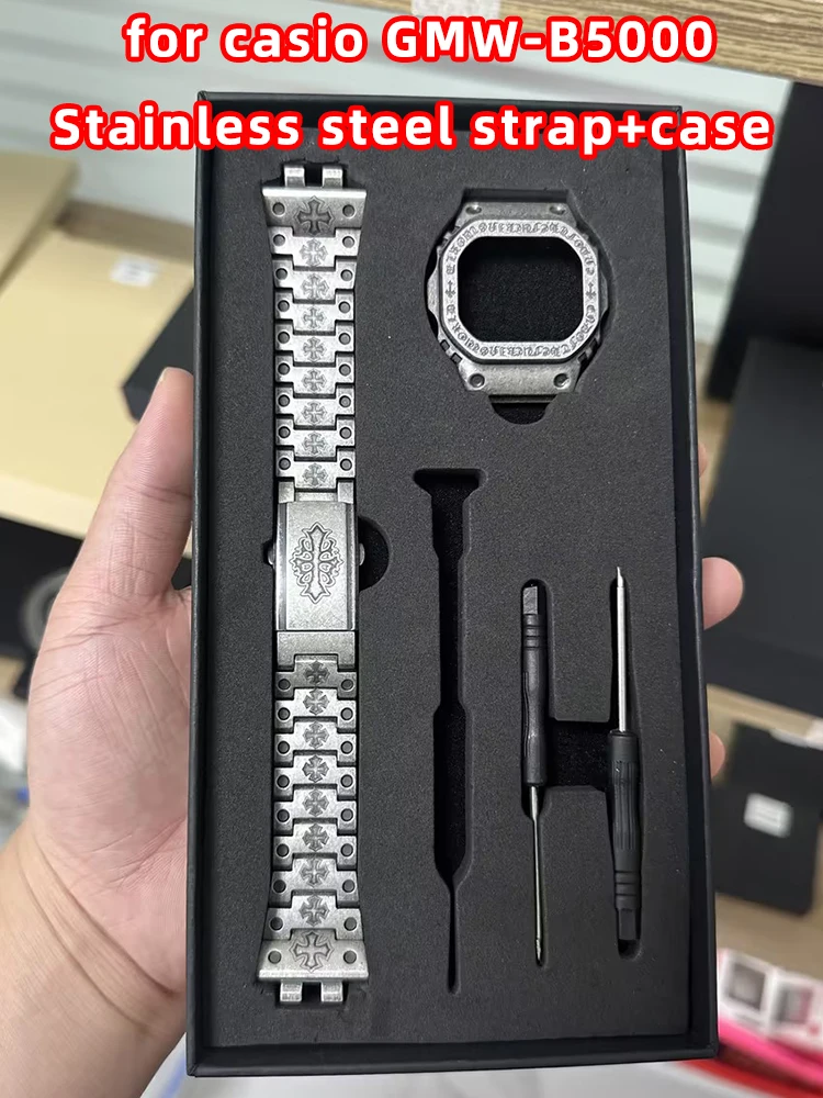 retro Style Stainless Steel Mod Case | For Casio GMW-B5000 3459 Small Square | With Strip Case Accessories Replacement