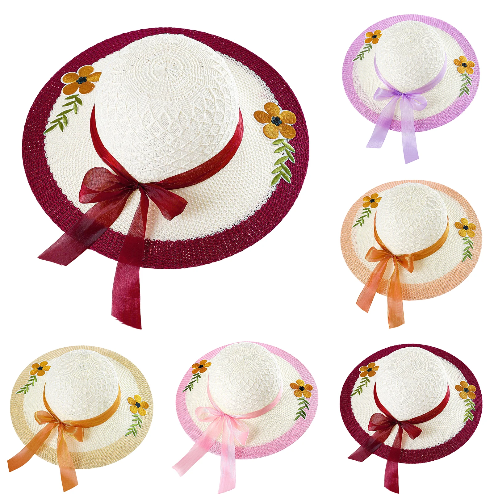 Ladies' Sun Hat With Ribbon Women Wide Brim Beach Hat With Flower Bow Decor UV Protection Cap For Summer Outdoor Travel