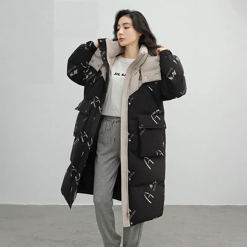 

Korean Printed Thicke Warm Parka Collar Hooded Casual Loose Cotton Coat Winter Long Down Cotton-Padded Jacket Women's Overcoat
