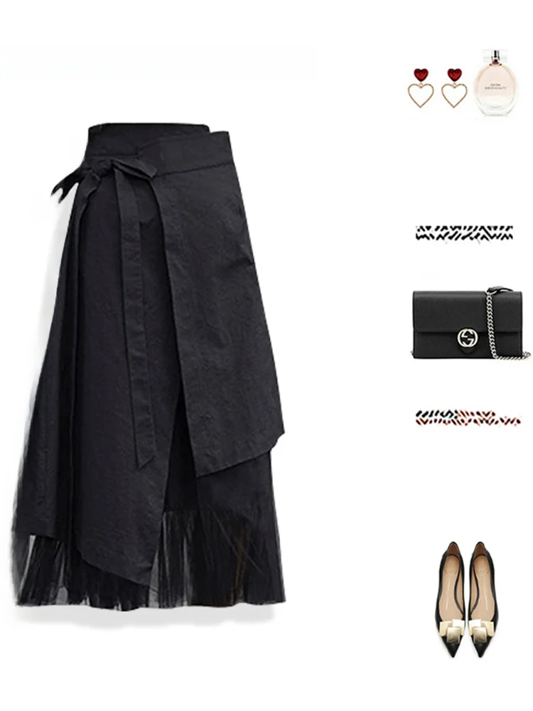 High Waist A-Line Skirt Women's New Spring Summer Little Black Dress Elegant Age-Defying Asymmetrical Black Splicing  Skirt