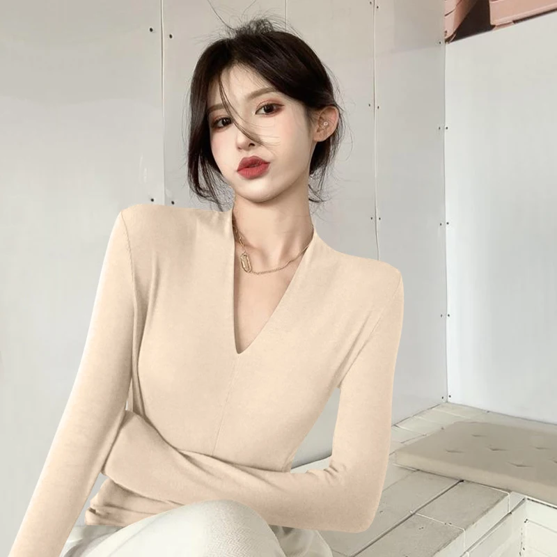 Senhoras longo sve v-ne veludo camiseta camada base quente simples sle commute faion inverno nova chegada interior wear topo