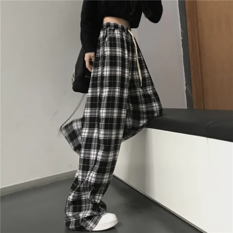 Women Sweatpants Fashion Black Plaid Casual Pants Baggy Elastic Waist Pockets Student Unisex Hip Hop Loose Trousers