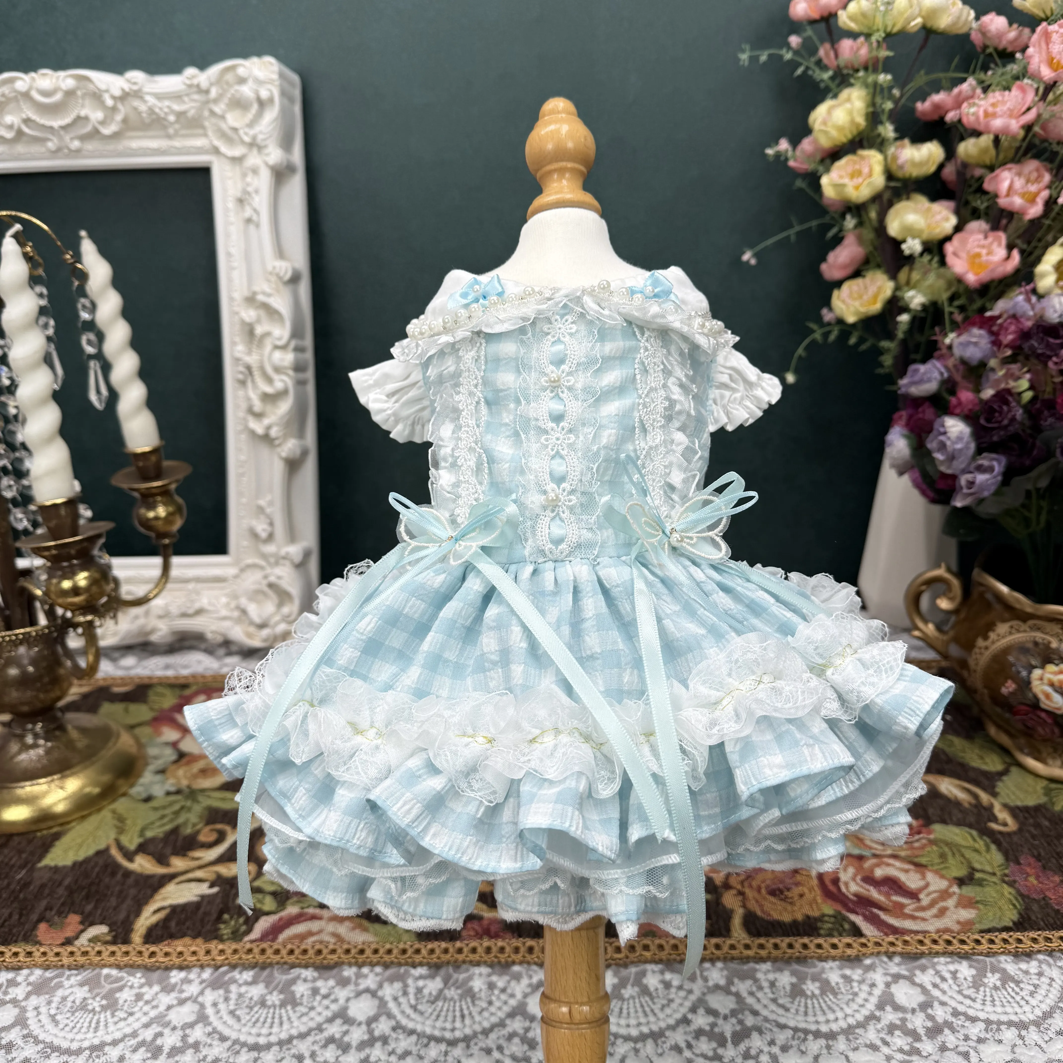 

Оригинальная одежда ручной работы из чистого хлопка для собак: синее платье-комбинезон в клетку с бантом в стиле Лолита для маленьких и средних собак, щенков, юбка для собак