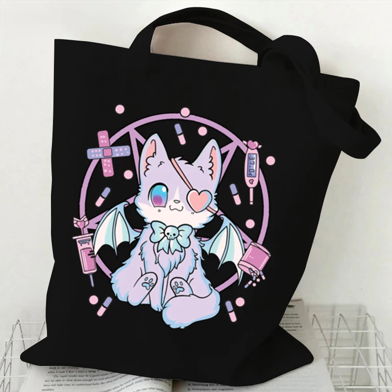 Cat Skull Gothic Punk Shopping Bags Large Capacity Canvas Folding Eco-Friendly Tote Bags Reusable Shoulder Bag Grocery Handbag