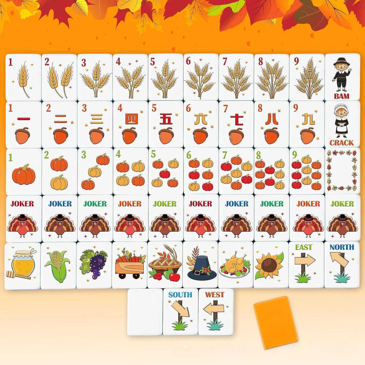 American Mahjong Set, Hand Played Mahjong Tiles Festival Themed Party Game for Holiday Thanksgiving Harvest Theme