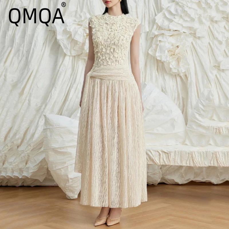 QMQA Fashion Women's Elegant Dress O-neck Sleeveless Lace-up Pleated Long Patchwork Evening Party Dresses 2026 Spring QM1134