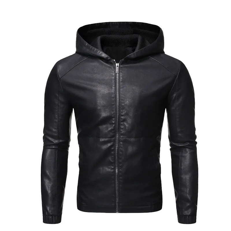 

Autumn and winter new hooded leather men plus fleece thickened slim motorcycle pu leather youth coat