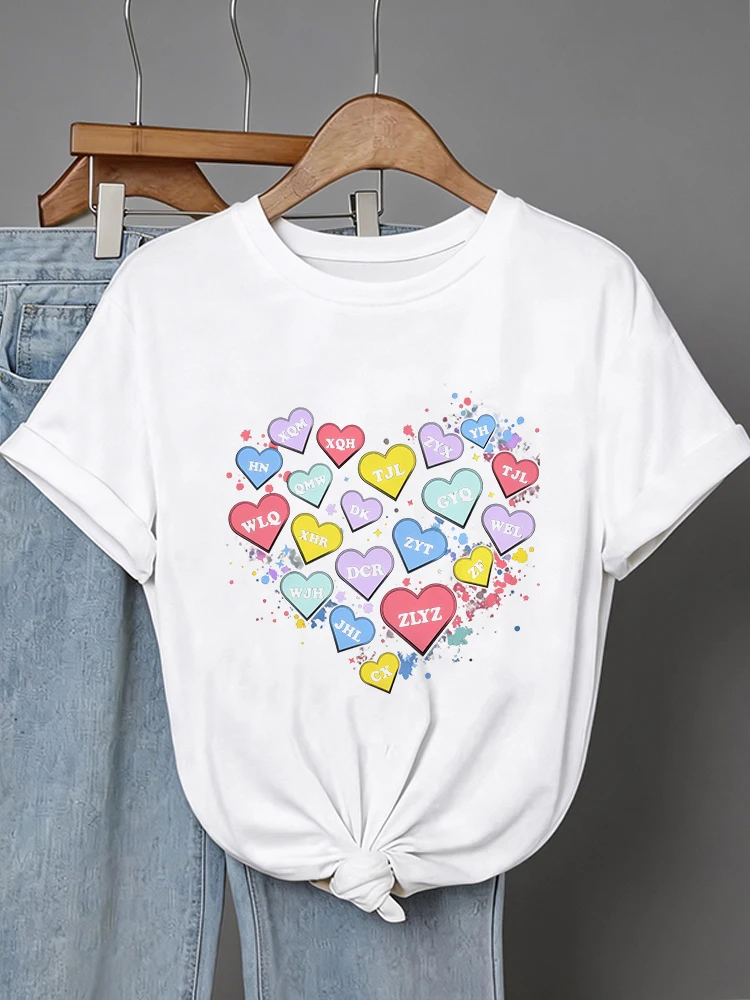 A Large Heart Shape Composed of Careful Shapes with Letters Print Casual Tees Tops Women's Short Sleeve T-shirt Female Clothes