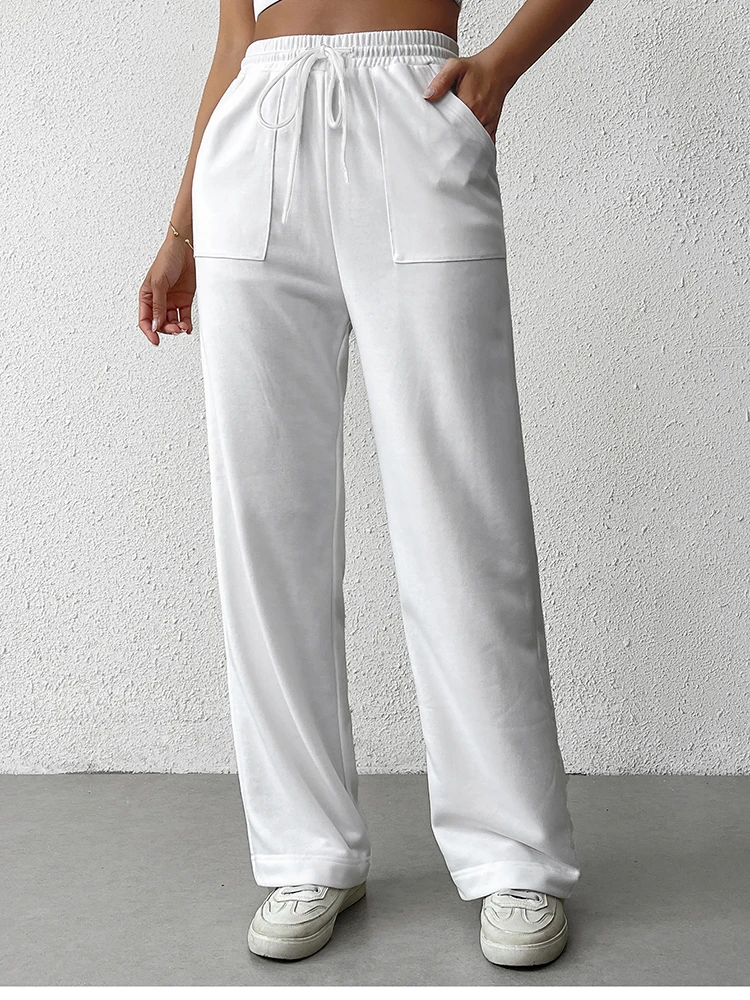 NewAsia 2025 Solidne spodnie proste ze sznurkiem, codzienne, z elastyczną talią, sznurowane, z kieszeniami ukośnymi, na wiosnę i jesień, odzież damska