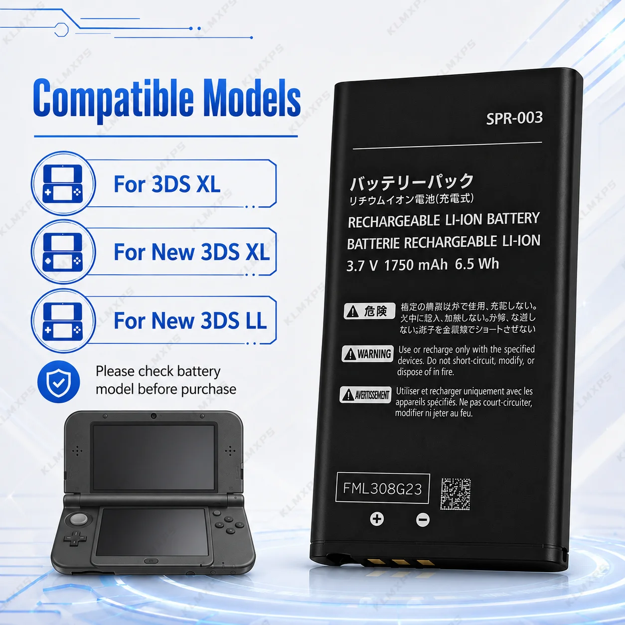 New 3DS XL 3DS LL 3.7V 1750mAh Rechargeable Lithium Battery Pack Replacement for Nintendo