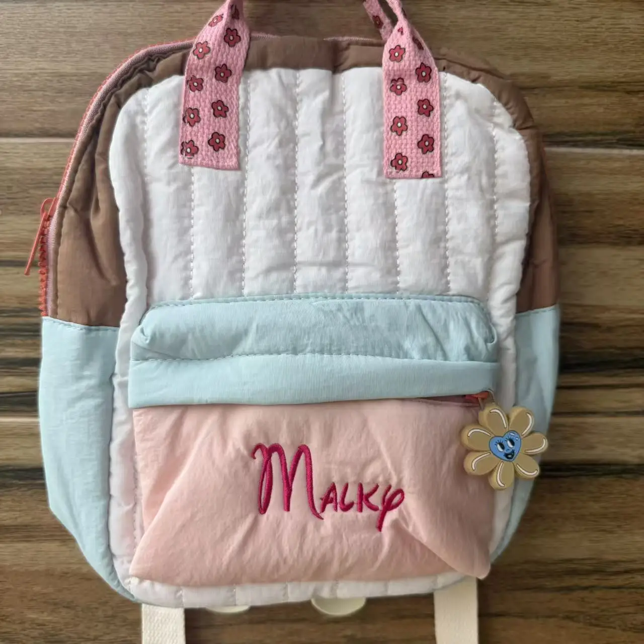 Cute Sunflower Pendant Embroidered Children Backpack Customizable Name Color-blocked Handbag Travel Snack Bag Campus Travel Bag