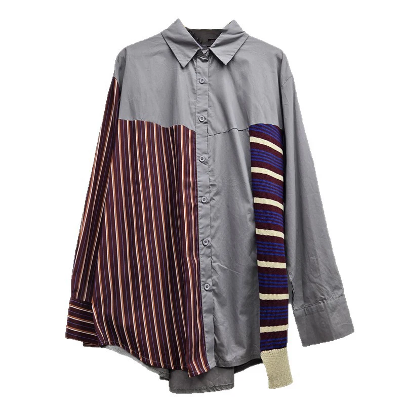 WTHT Nieuwe Trendy vrouwen Nep Tweedelige Gesplitst Gestreept Gebreid Shirt 2025, Herfst Mode Revers Lange Mouwen Blouse Vrouwelijke 1LS2540