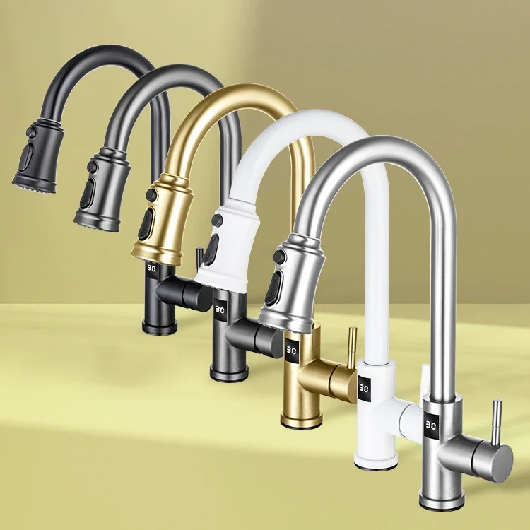Whtie Digital Touch on Kitchen Sink Faucet Handfree Sensor Touch on Kitchen Faucets Hot Cold Digital Pull Out Kitchen Mixer Tap