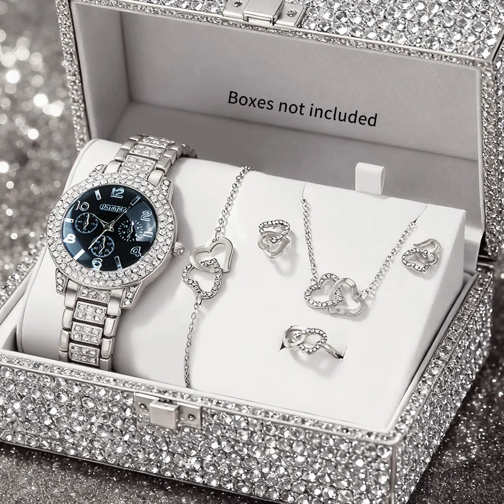 6-Piece Luxury Women's Quartz Watch & Jewelry Gift Set - Butterfly Dial Quartz Watch with Heart Jewelry Set - Elegant Gift