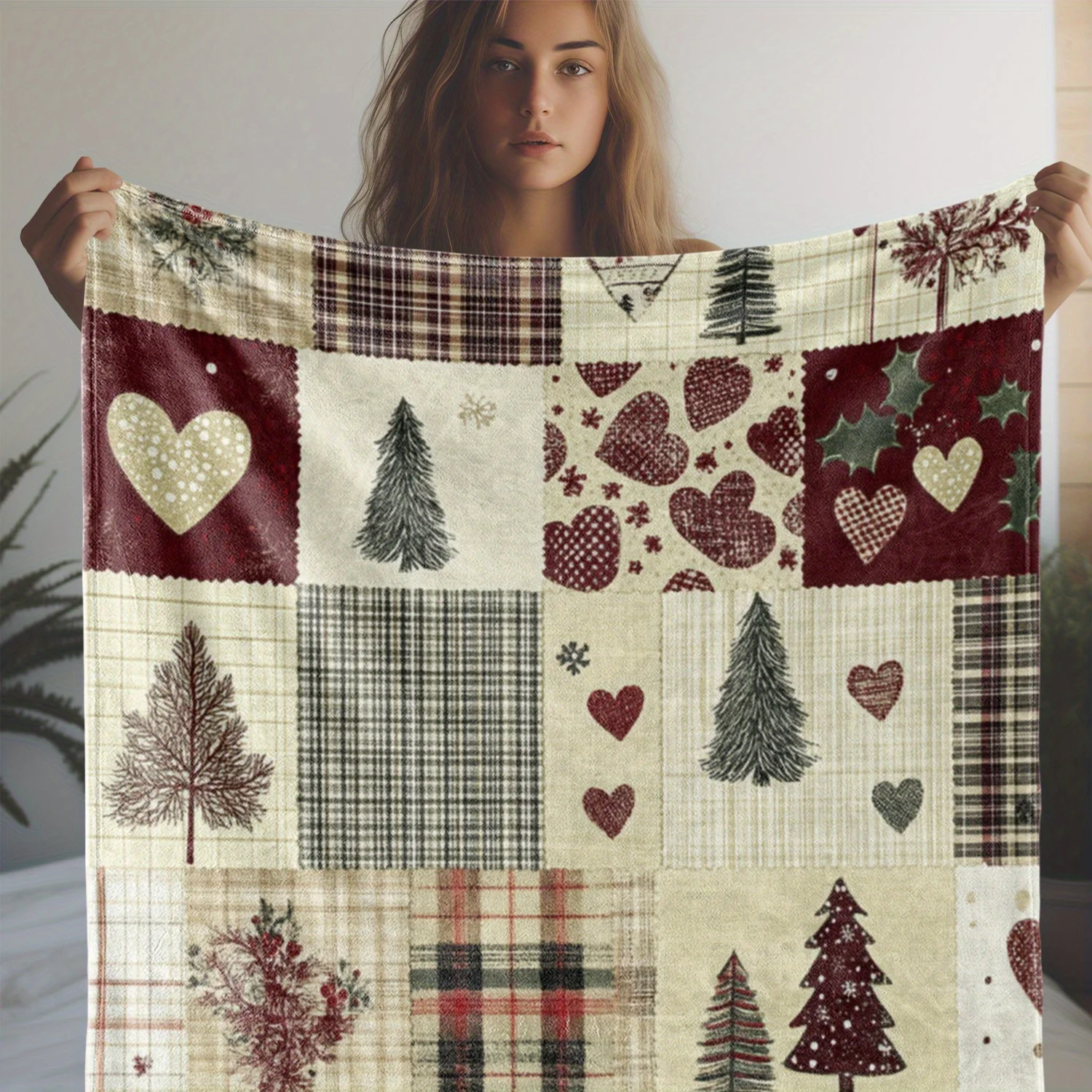 

Рождественское фланелевое одеяло в стиле пэчворк, рождественские елки, сердечки, уютный диван, праздничное тепло, прочный, мягкий праздничный декор, сертифицированное качество