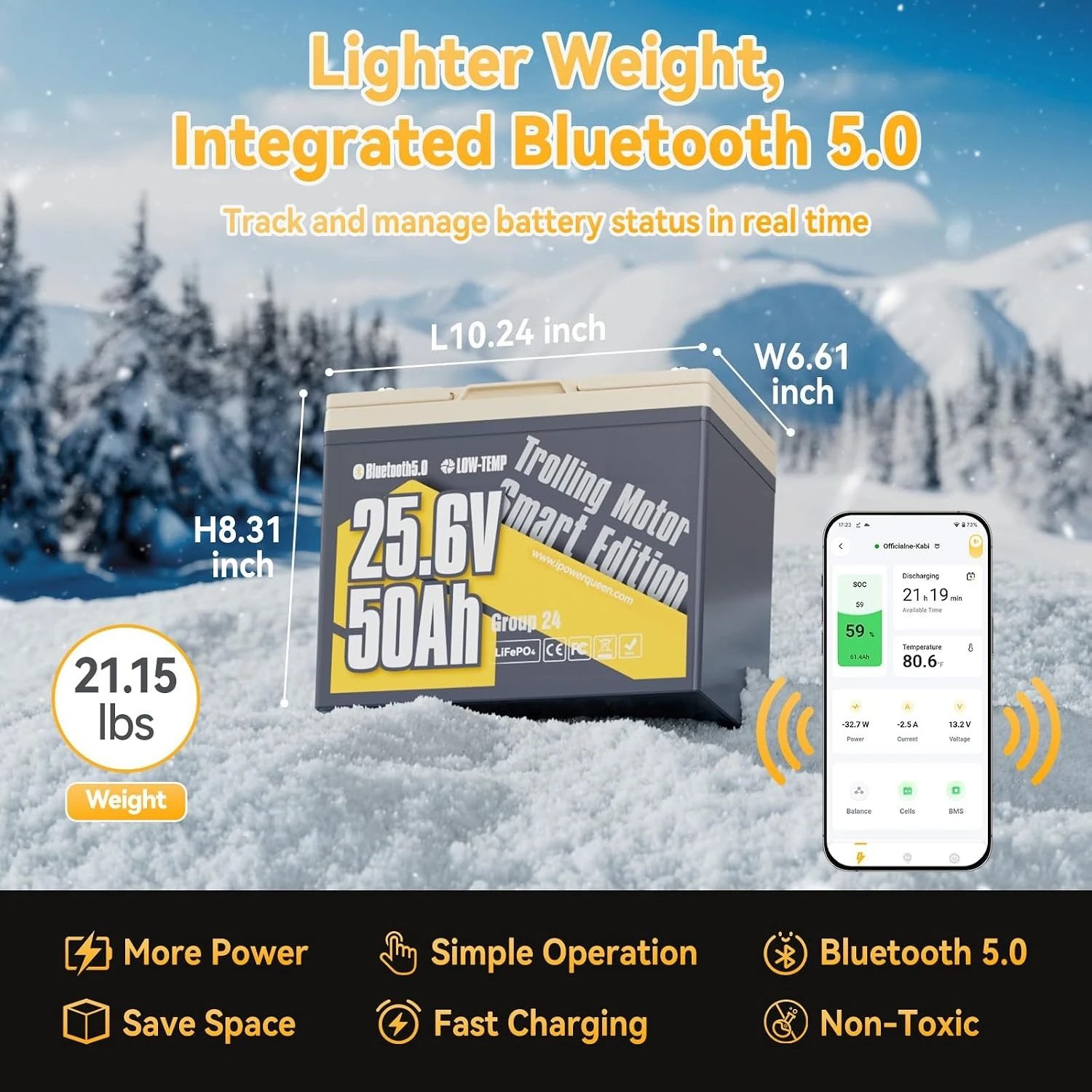 24V 50Ah LiFePO4 Battery with Bluetooth 5.0 Remote Control, Low-temperature Protection, 1280Wh Energy, Deep Cycle, Customized