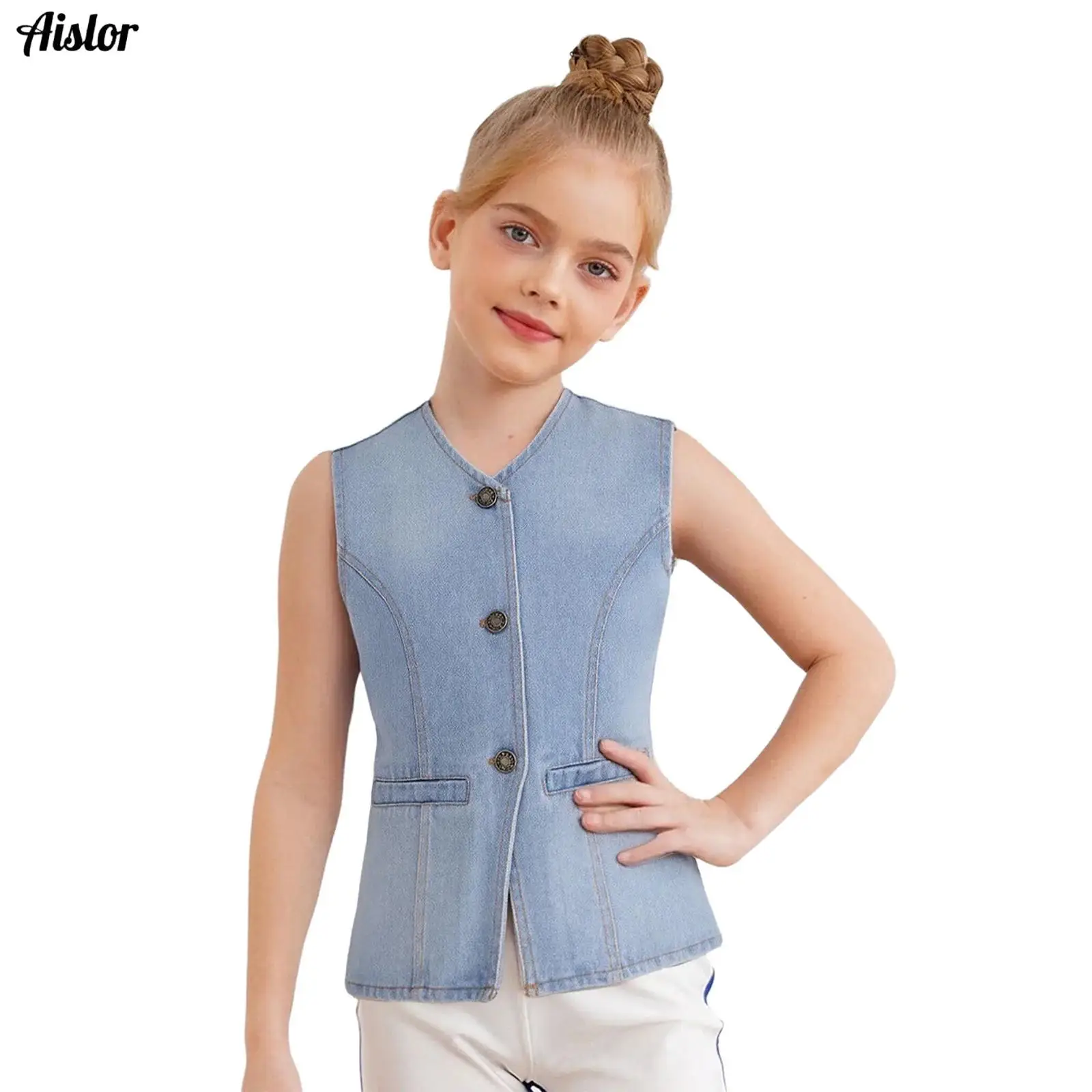 

Kids Girls Fashion Denim Vest V-Neck Button Down Sleeveless Jean Jacket Coat Outerwear with Fake Pockets