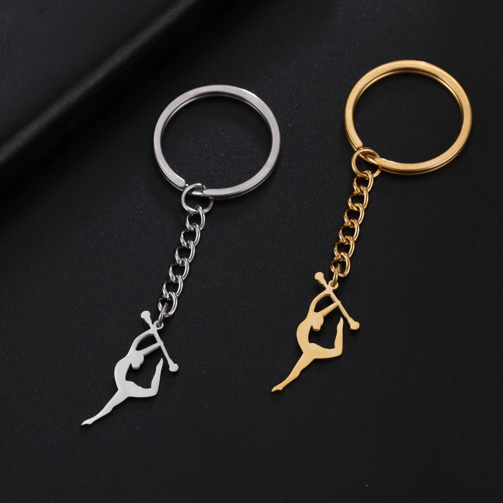 Stainless Steel Keychain with Chain-Figure Gymnastics Pendant Gold Color Simple Stylish Accessory New Products Gift for Women