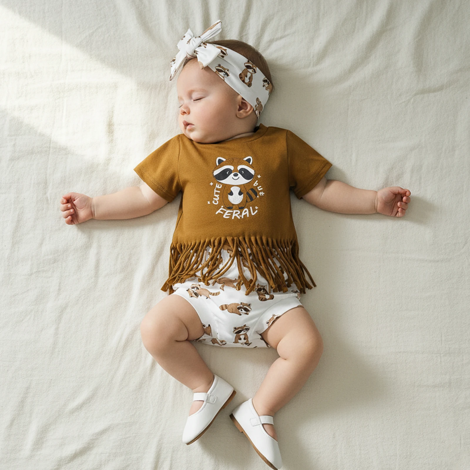 

Summer Infant Baby Girl Outfits Cartoon Print Tassel Hem Short Sleeve Tops Shorts Headband Clothes Set