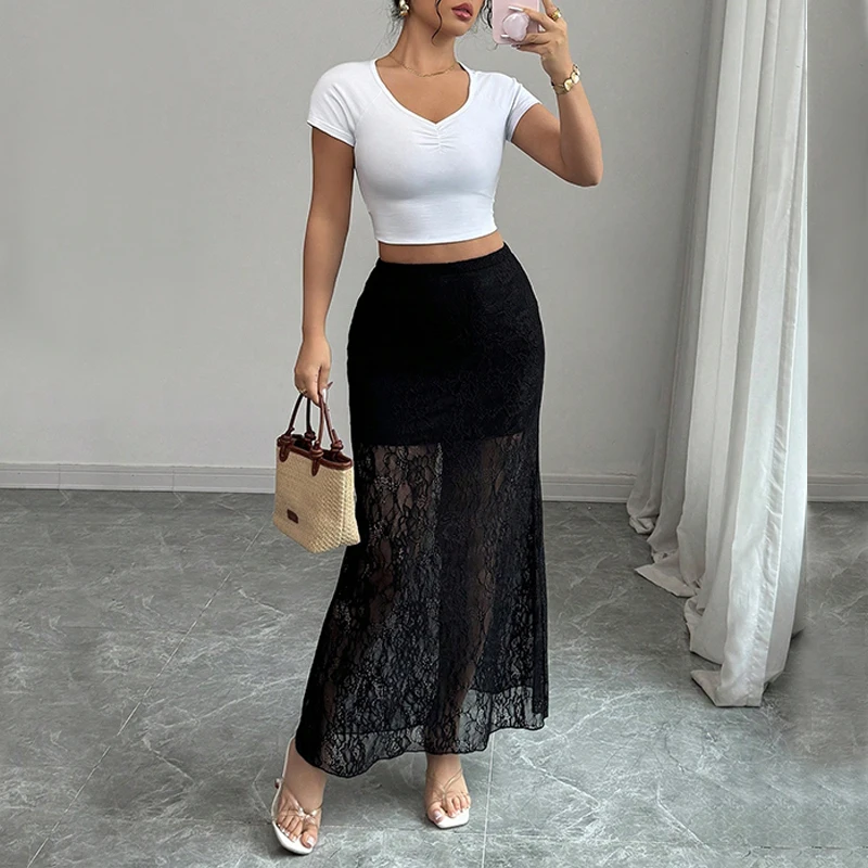 

BKLD New Arrival Elegant Lace Fishtail Skirt Black High Waist Slimming See Through Women Party Fashion Sexy Wrap Hip Half Skirts