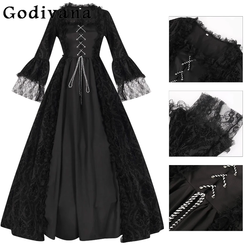 

Large Size European Vintage Waist Cinching Big Swing Gothic Dark Lace Dress Witch Cos Lace Up Square Neck Women's Long Dresses