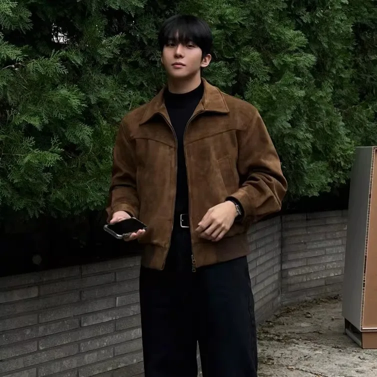 

Retro Sle ort Leather Jaet Men's Autumn Winter Suede Collar Jaet Korean Sle Commuting Outfit Loose Fit Multiple ...