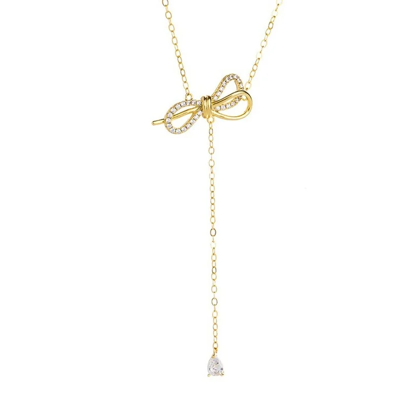 CIAXY Silver Color Inlaid Zircon Bowknot Tassel Necklaces for Women Aesthetic Sexy Clavicle Chain Choker Party Jewelry Gifts