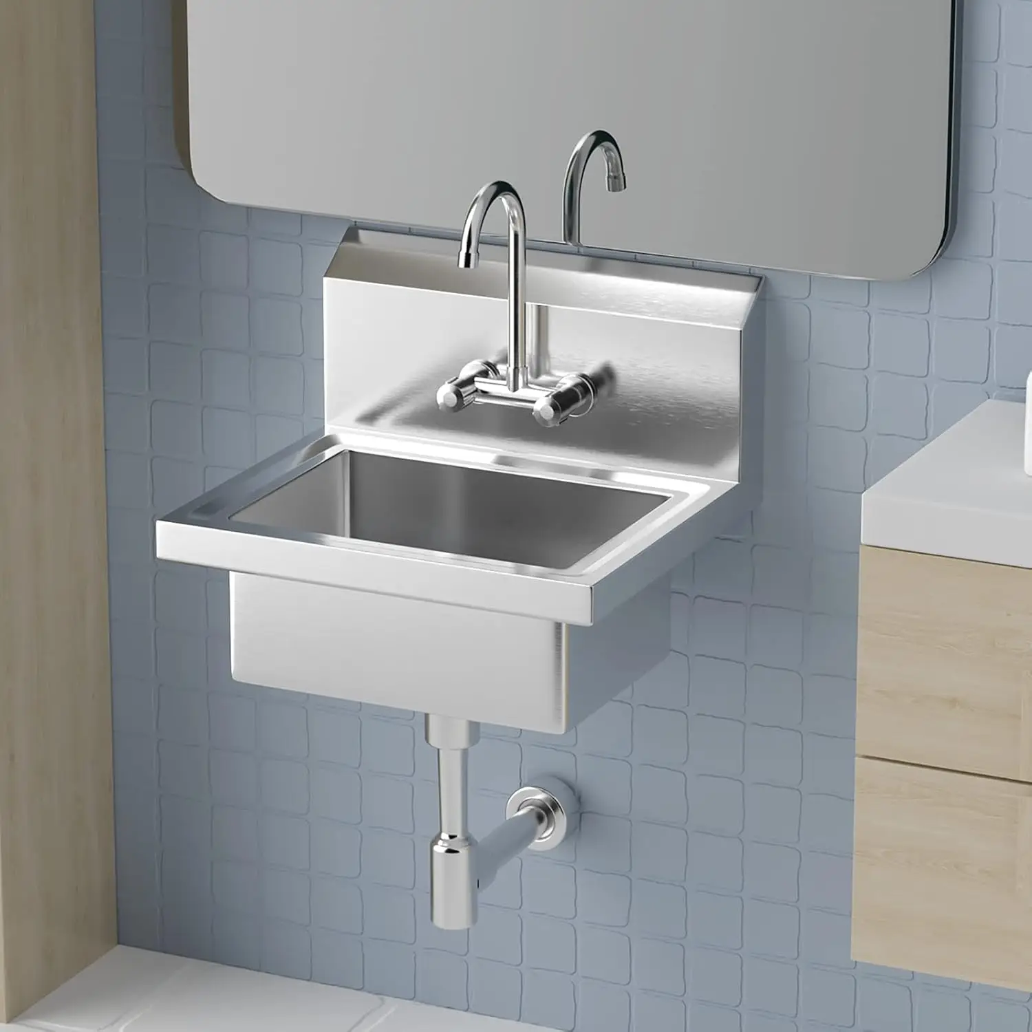 

Hot&Cold Faucet, Wall Mount Utility Sink with Drainer Heavy Duty Hand Wash Sink for Commercial Restaurant Home Kitchen Workshop