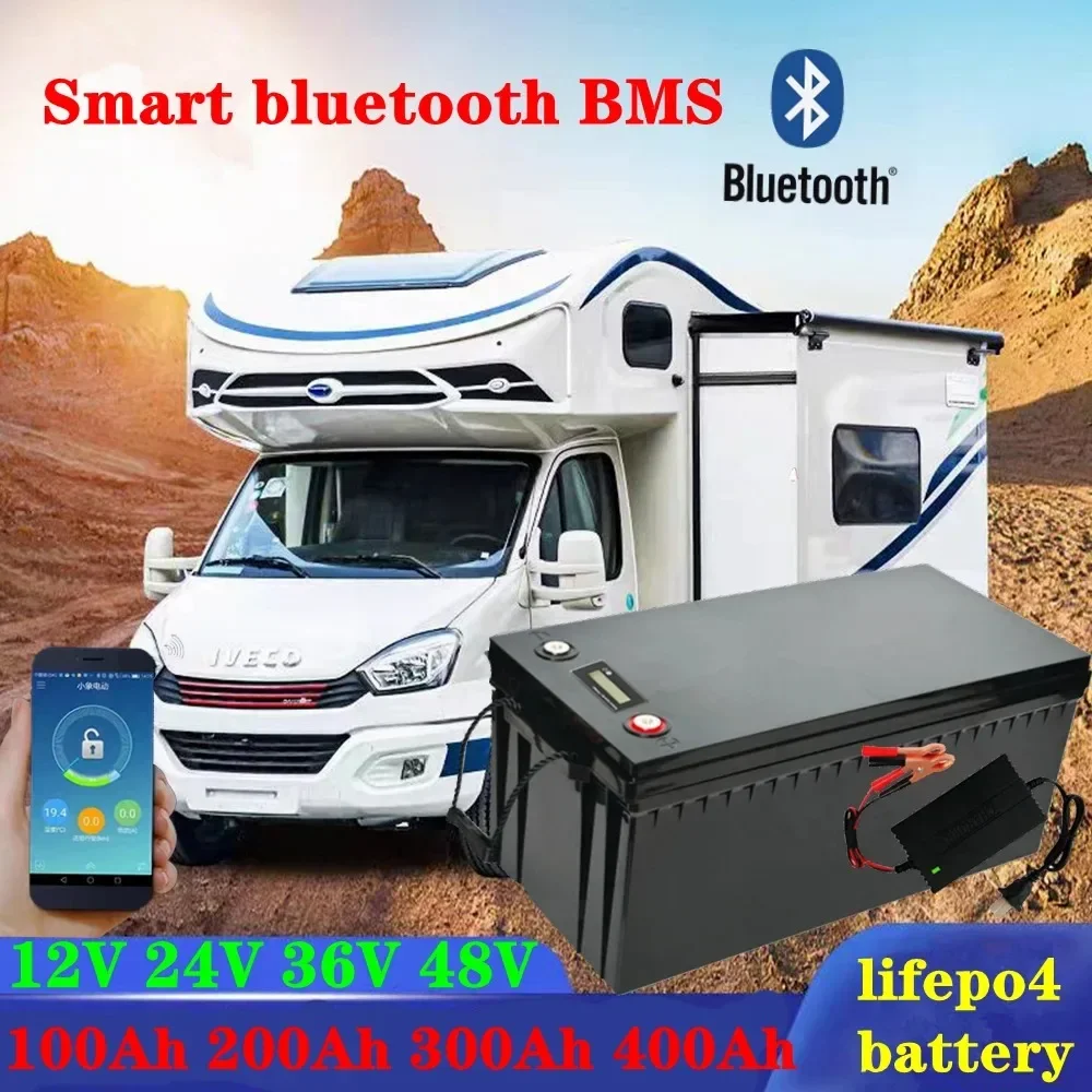 

waterproof 12V 200AH 150Ah 100AH 24V 200Ah 48V 100Ah Lifepo4 bluetooth BMS APP for 2400w inverter EV Fishing boat +Charger