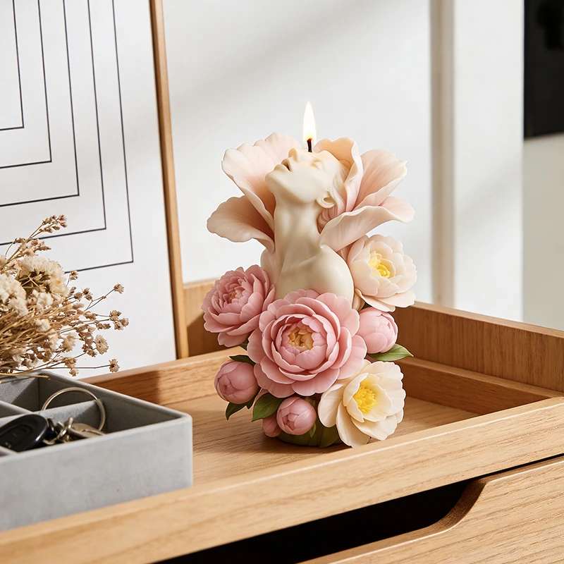 3D Flower Surround Woman Candle Silicone Mold Peony Lady Head Sculpture Aroma Soap Wax Gypsum Craft Mold Home Decor view 2
