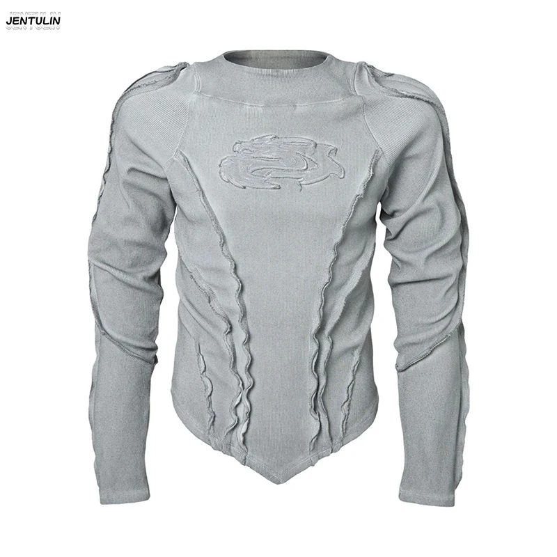 Aesthetics High Street Trendy Brand Waste Soil Style Washed Craftsmanship Deconstructed V-Neck Design Street Fashion Long Sleeve
