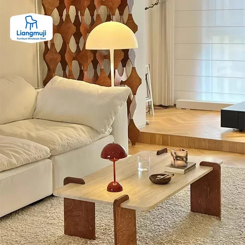 

Nordic Wabi Sabi Natural Travertine Coffee Tables Rectangular Cream Style Corner Side Table Living Room Stoły Furniture New