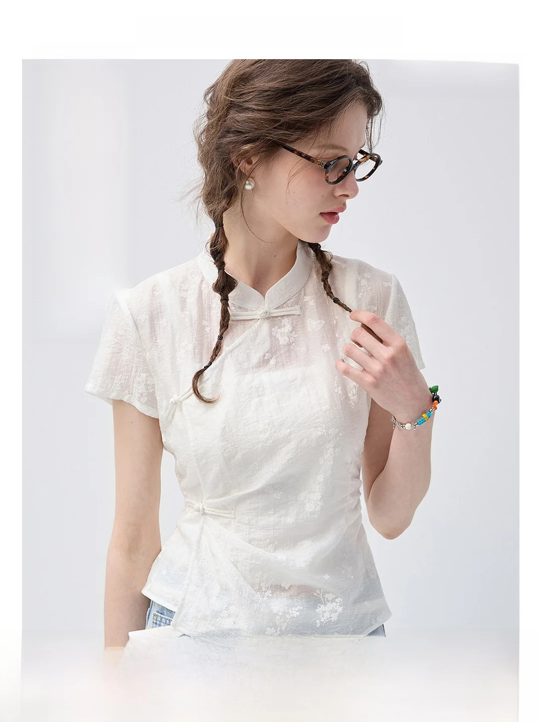 

New Chinese Style Ruched Cap Sleeve Shirt Women's Summer New VEGA CHANG Laisel Embroidered Button up Shirt Formal Commute