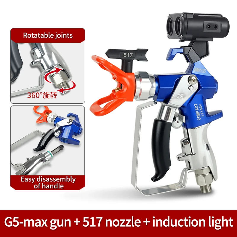 High Pressure 3600PSI 24.8MP Airless Paint Sprayer Gun with Guard Sensor Light 2-Finger Trigger for Professional Contractors