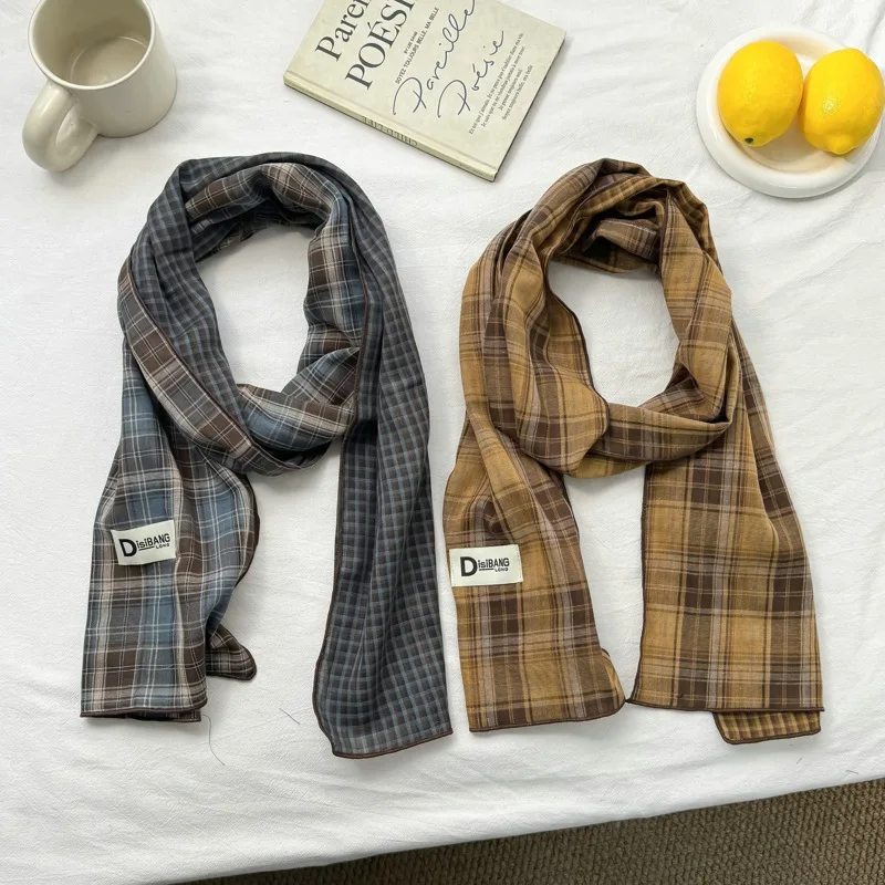 Japanese Style Artistic Sense Mori Style Cotton Plaid Scarf for Women Autumn Winter Retro Easy Matching Temperament Scarf Spring