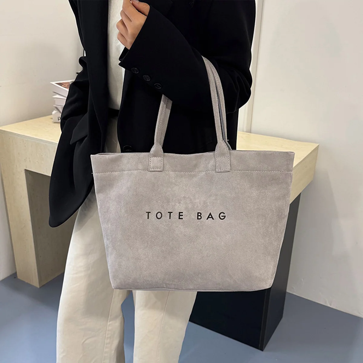 Magnetic Clasp Casual Suede Tote Bag with Solid Color Letter Print Large Capacity Versatile Daily Commute Shopping image 6