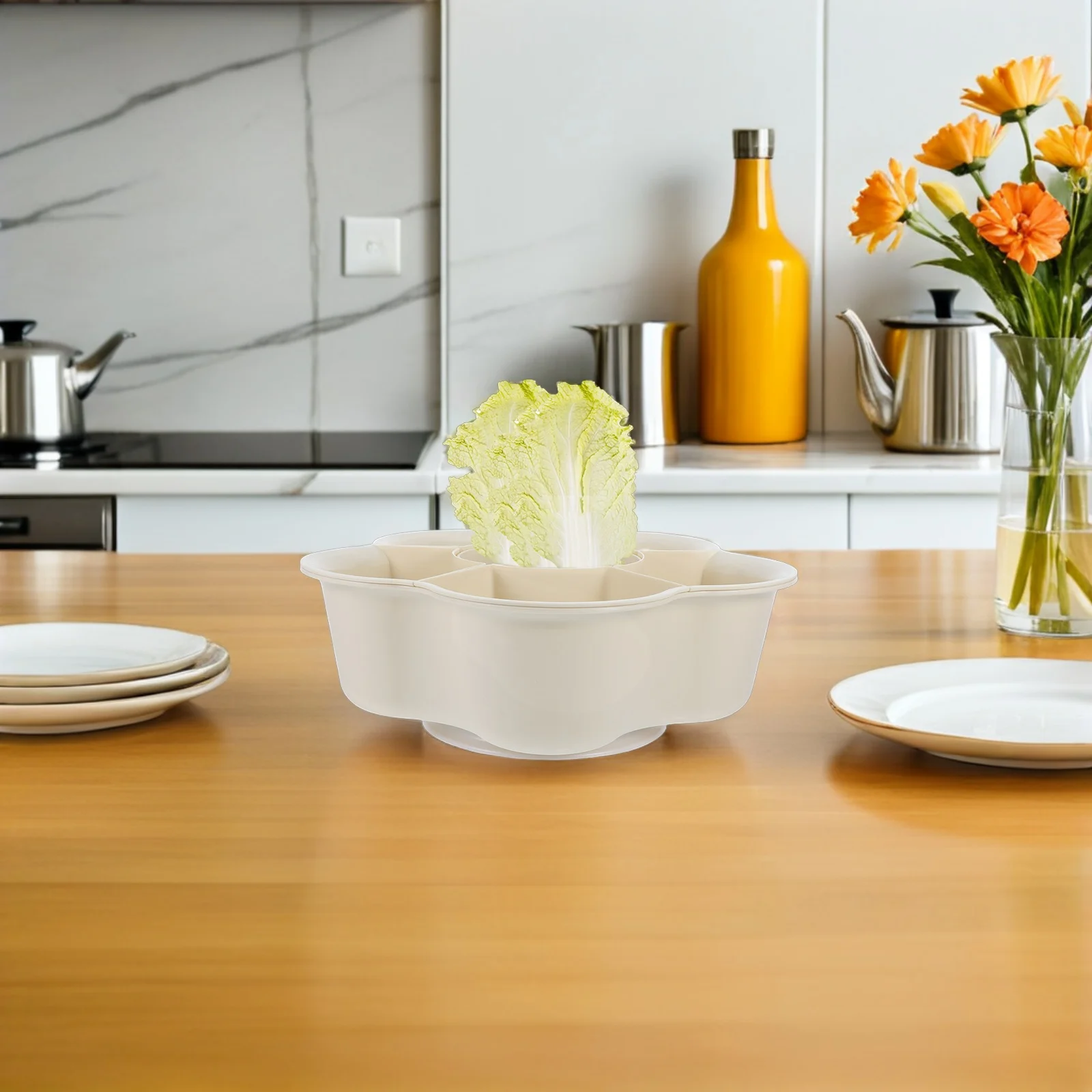 

6-Compartment Rotating Serving Tray with Drainage System for Hot Pot Fruits Vegetables Multi-Compartment Food Organizer Elegant