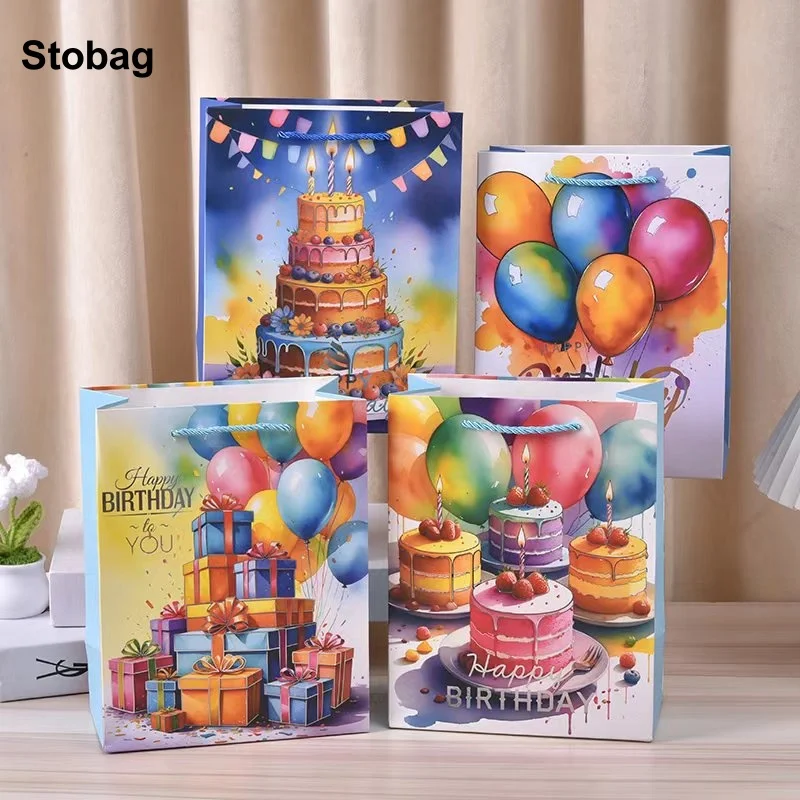 

StoBag 12pcs Happy Birthday Gift Tote Bags Cardboard Kids Children Candy Snack Packaging Storage Pouches Festival Party Favors