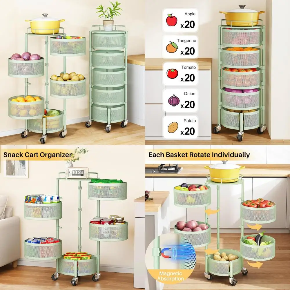 

5-Tier Rotating Storage Rack for Kitchen: Fruit, Vegetable, and Bread Organizer with Metal Lid