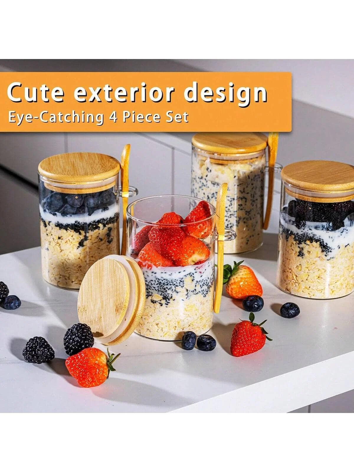 8PCS Glass Food Storage Containers (4 Cups 4 Lids), With Lids And Spoons, Overnight Oats Jar With Lid And Spoon Chia Pudding Sal