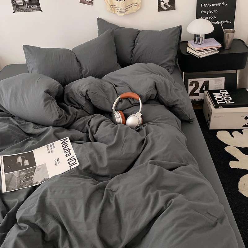 100% Washed Cotton Duvet Cover Set Queen Size 1-Piece, Linen-Touch Soft Breathable Bedding Set, Zipper Closure,Down Duvet Cover
