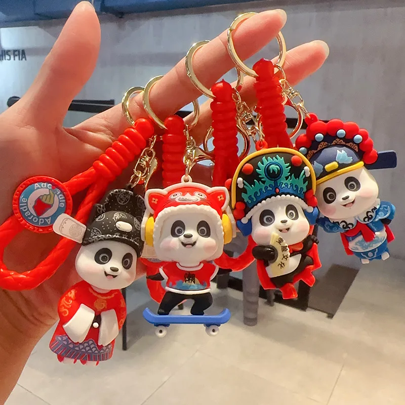 New Cartoon Lovely Beijing Opera Waking Lion Panda Doll Keychain Girls Cute Personality Creative Schoolbag Decoration Pendant