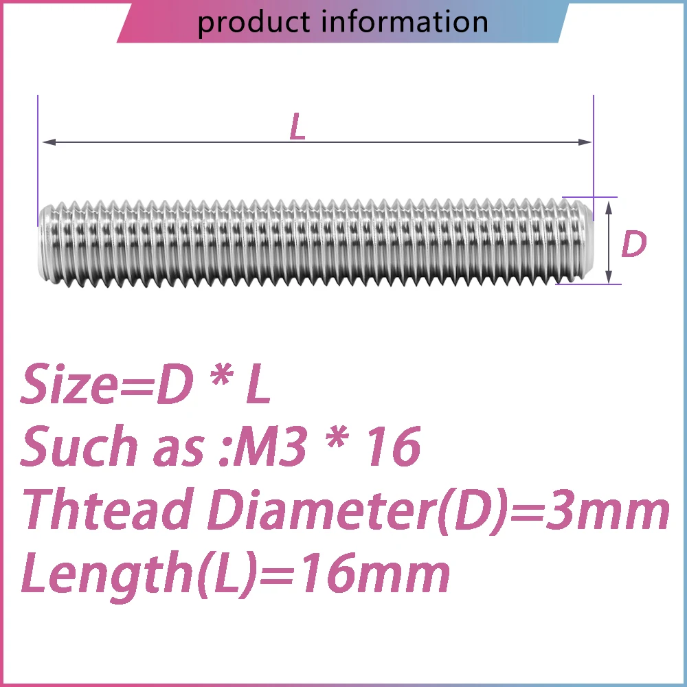 M3 M4 M5 M6 M8 M10 M12 304 Stainless Steel Full Threaded Rod Bolts Length 16-300mm Fully Metric Headless Thread Stud Rods Screws