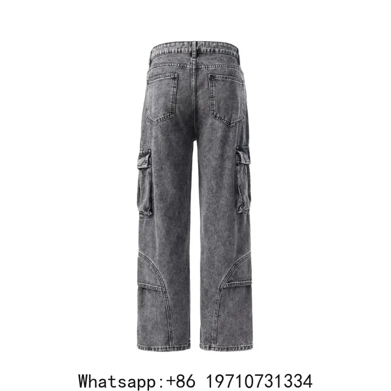 American retro distressed gray workwear wide-leg jeans for men, multi-pocket functional style with prominent stitching design