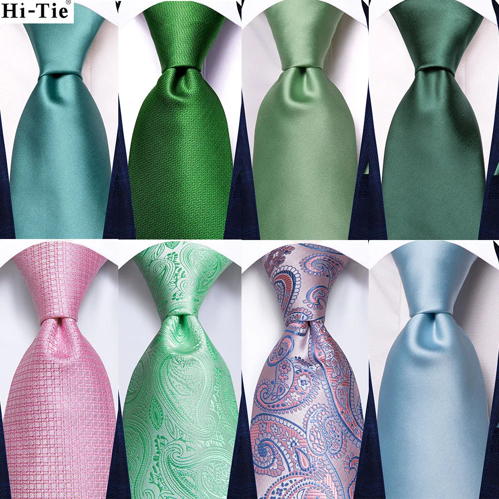 Hi-Tie Green Blue Solid Silk Wedding Tie For Men Handky Cufflink Gift Mens Necktie Fashion Designer Business Party Dropshiping