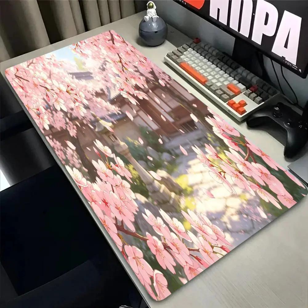Spring Sakura Ancient Town Landscape Mouse Pad, XL Non-slip Desk Mat, Desktop Protector for Office & Gaming, Japanese Style Gift