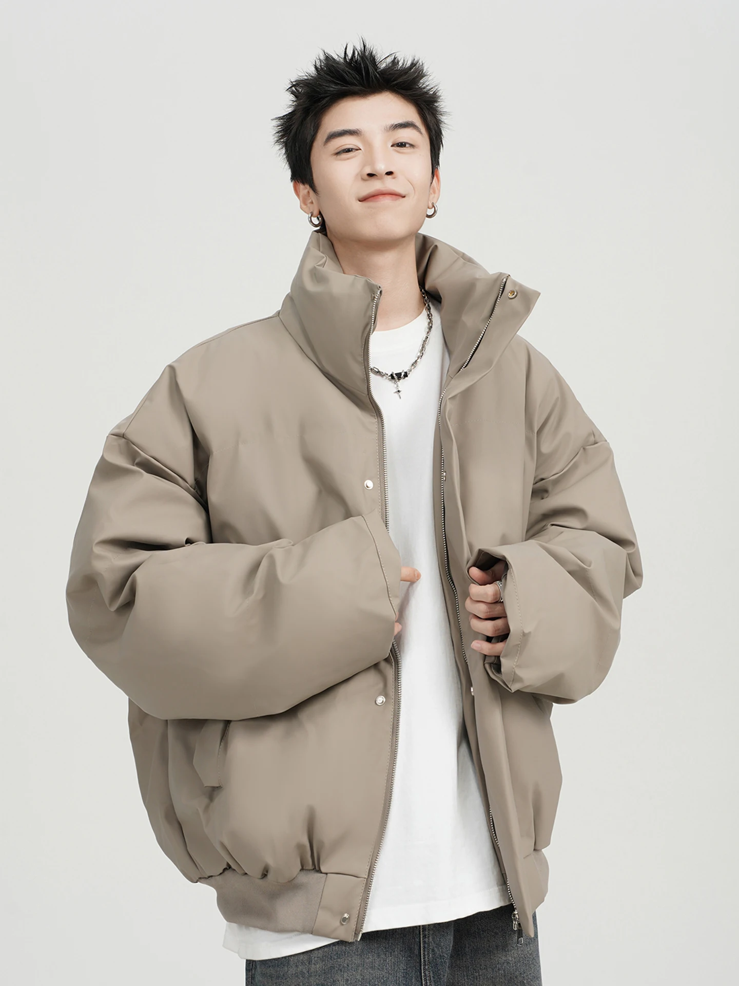 

American Sle ort PU Leather down Jaet Men's Winter Trendy Brand Stand Collar Casual Loose Cotton Outerwear Thiened Br...