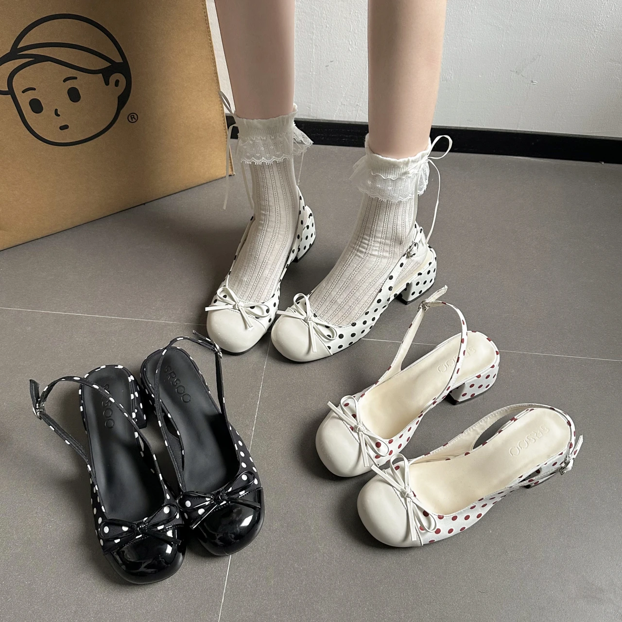 French Retro Style Polka Dot Peep Toe Sandals for Women 2026 Spring/Summer New Chunky Heel with Bow, Mary Jane Shoes for Skirts